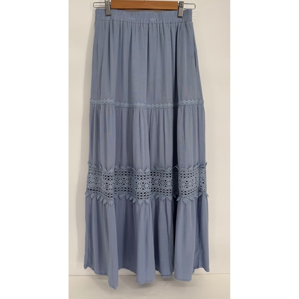 Jessica Light Blue Tiered Crochet Lace Trim Boho Maxi Skirt Sz S
